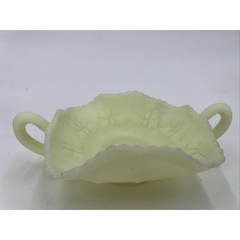 Vintage Fenton Marked Yellow Butterfly Embossed Custard Glass Double Handled Sha